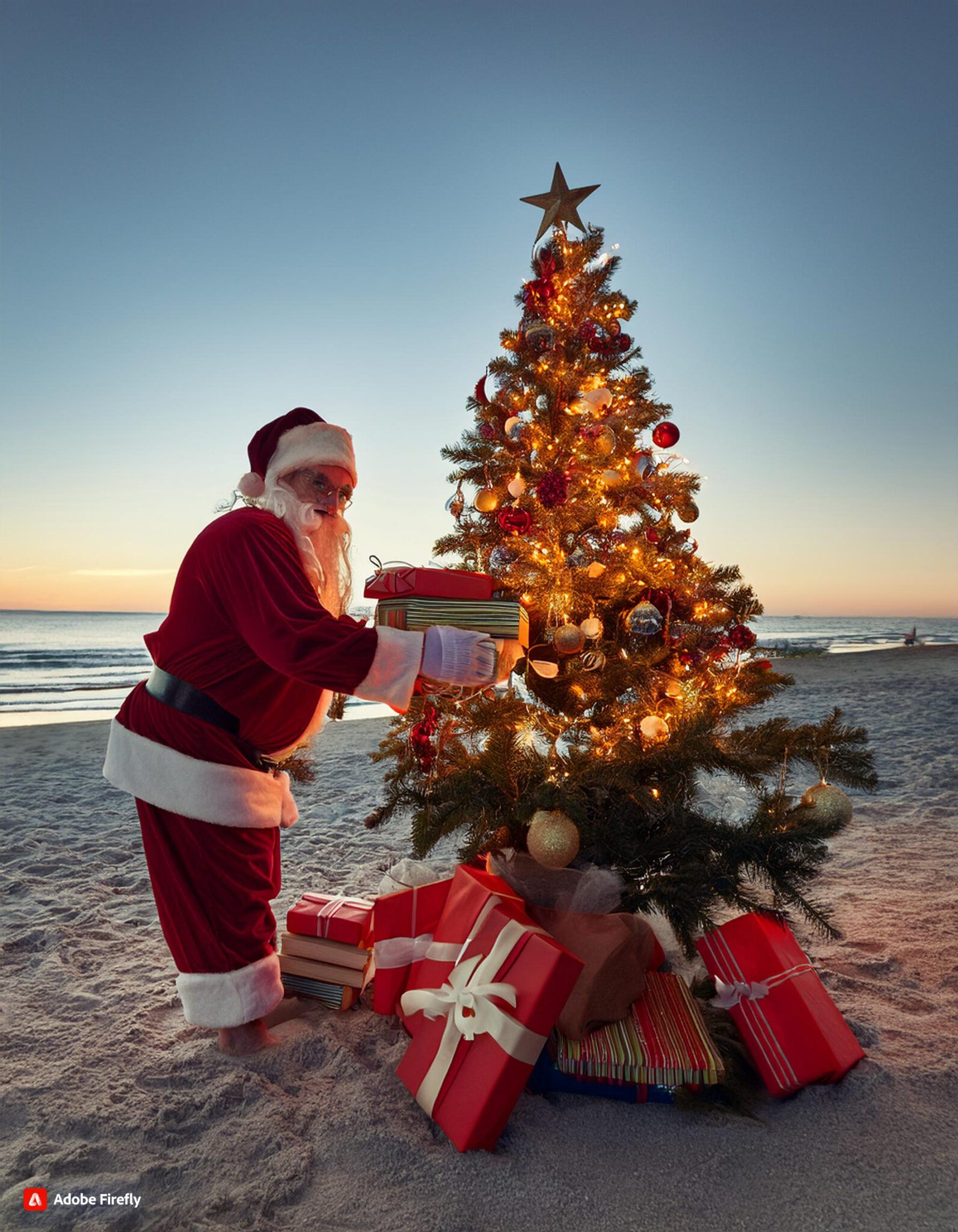 A santa holding gifts in front of a Christmas tree on the beach with other presents under the tree