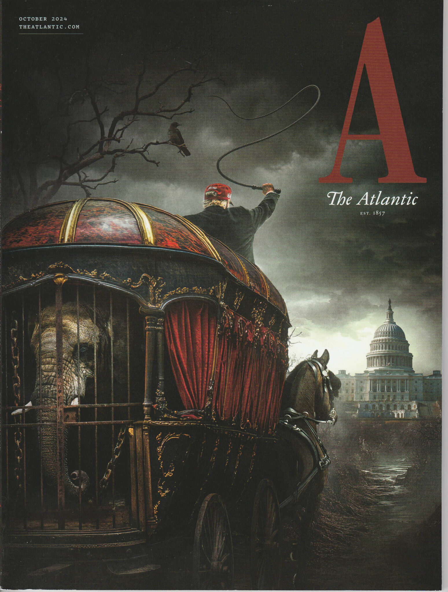 This is the cover of October 2024 edition of The Atlantic magazine created by Justin Merz based on the visual language of old Ray Bradbury and Stephen King paperbacks to portray a circus wagon on its nefarious approach to the Capital. Something Wicked This Way Comes, Bradbury's 1962 masterpiece was a strong influence about Mr. Dark, who grifts strangers into joining his malevolent carnival.